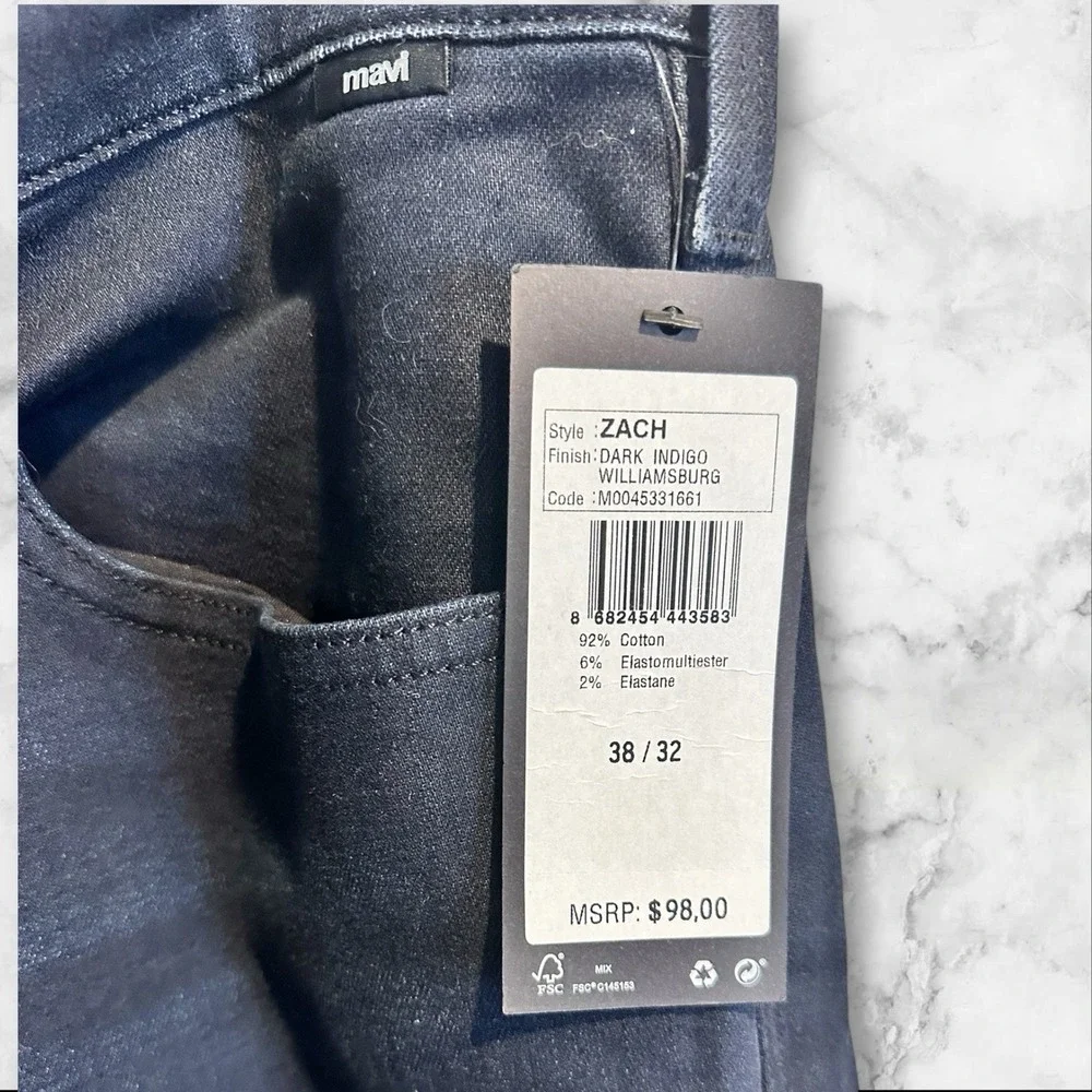 Mavi Jeans Mens 38X32 Zach Dark Williamsburg‎ Straight Leg Stretch Denim NEW